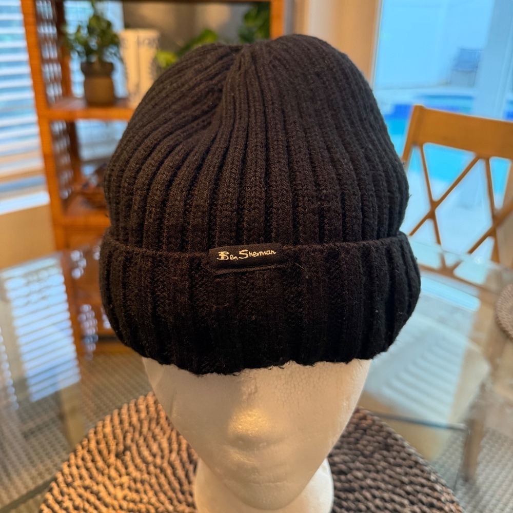 Ben Sherman Mens Black Ribbed Knit Cuffed Beanie Fleece Lined Hat BSHIP345